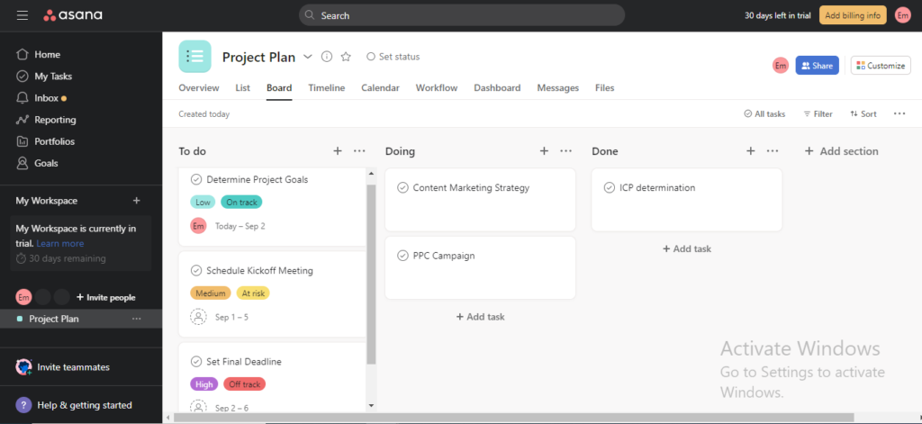 Asana project management app dashboard