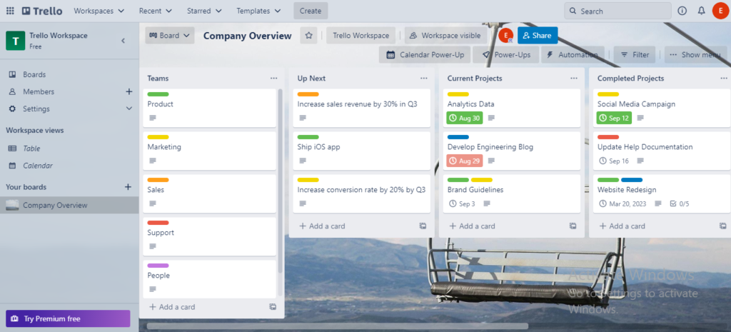 Trello project management tool dashboard